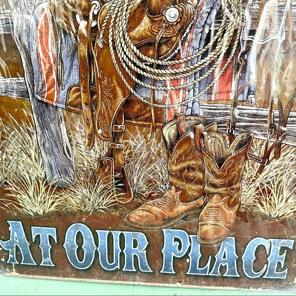 NEW Hang Yer Hat At Our Place Cowboy Metal Sign